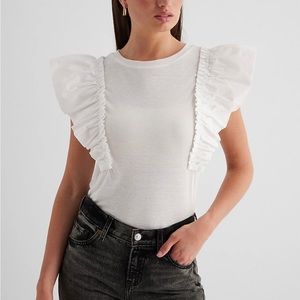 Express Skimming Linen Blend Crew Neck Flutter Sleeve Tee